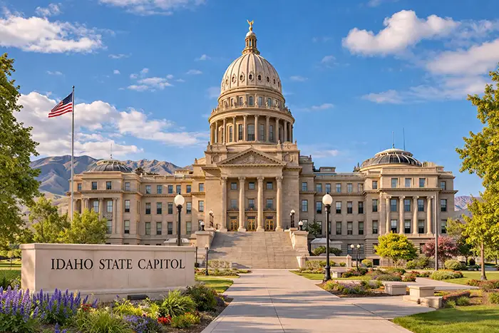 Idaho Idaho State Capitol building with dome and front steps under clear blue sky representing probate court in Idaho
