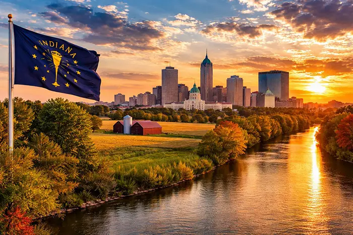 Indiana Indiana state flag in foreground with Indianapolis skyline and river at sunset, representing probate and estate services in Indiana