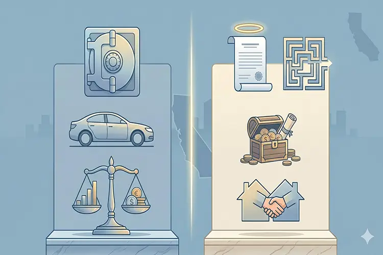 Split-screen conceptual illustration showing two organized columns of asset icons.