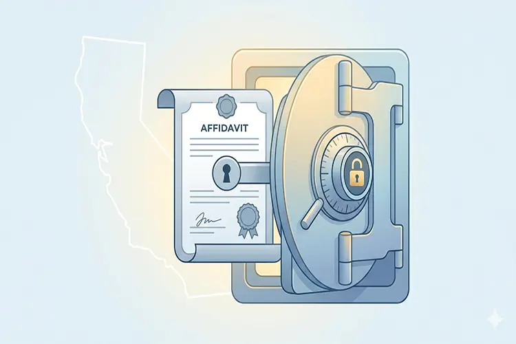 Illustration showing a sealed affidavit document unlocking a bank vault.