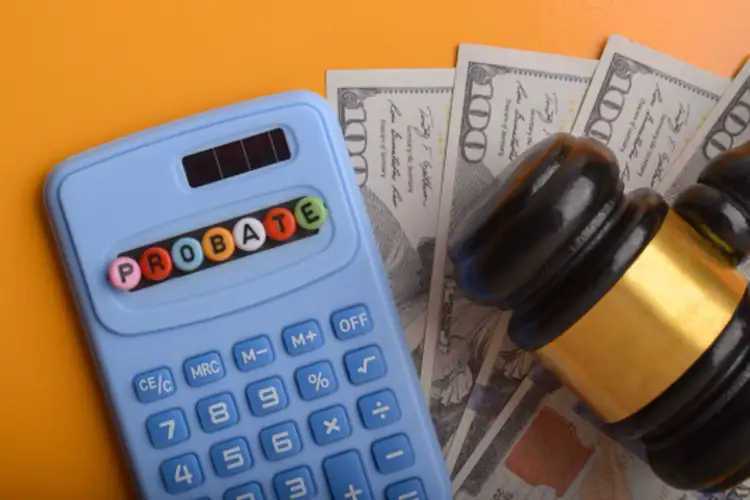 probate-calculator-money-gavel-750x500-under-20kb Probate law concept with judge gavel, US dollar bills, and calculator with probate text.